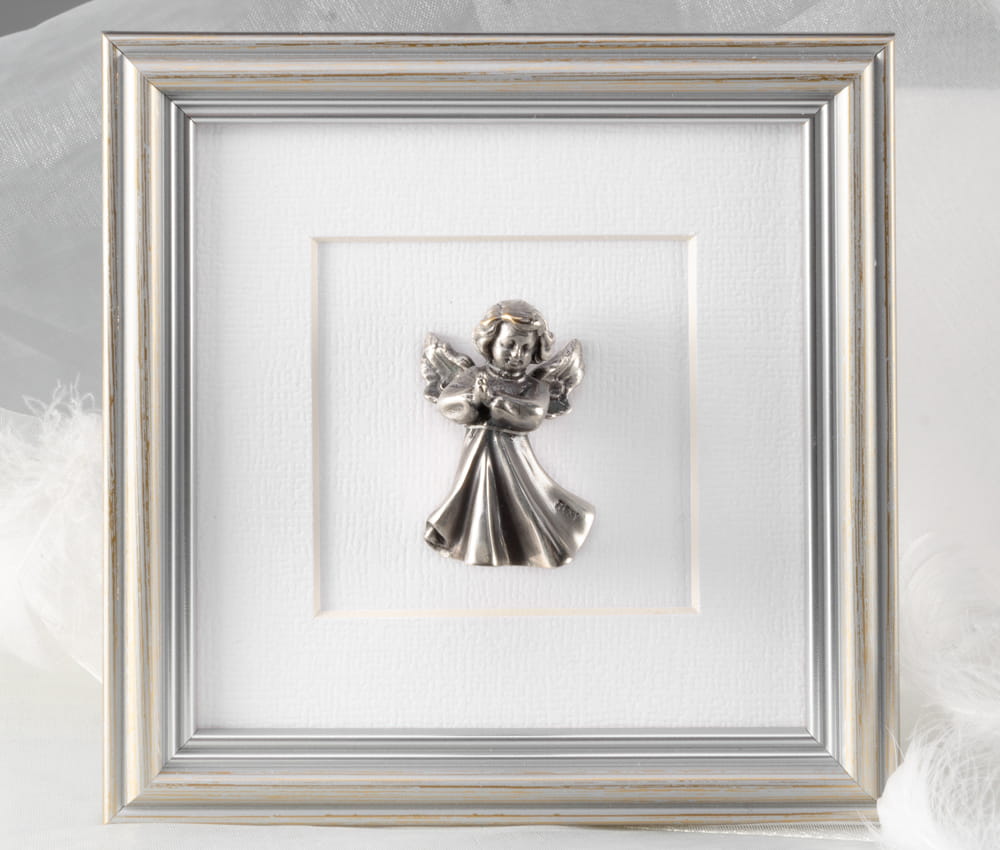 Prezent od chrzestnej na chrzest - posrebrzany - aniołek w ramce