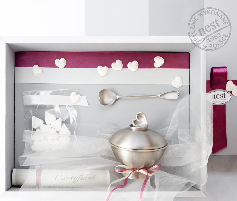 Elegancki prezent na ślub - posrebrzana cukiernica i łyżeczka do cukru