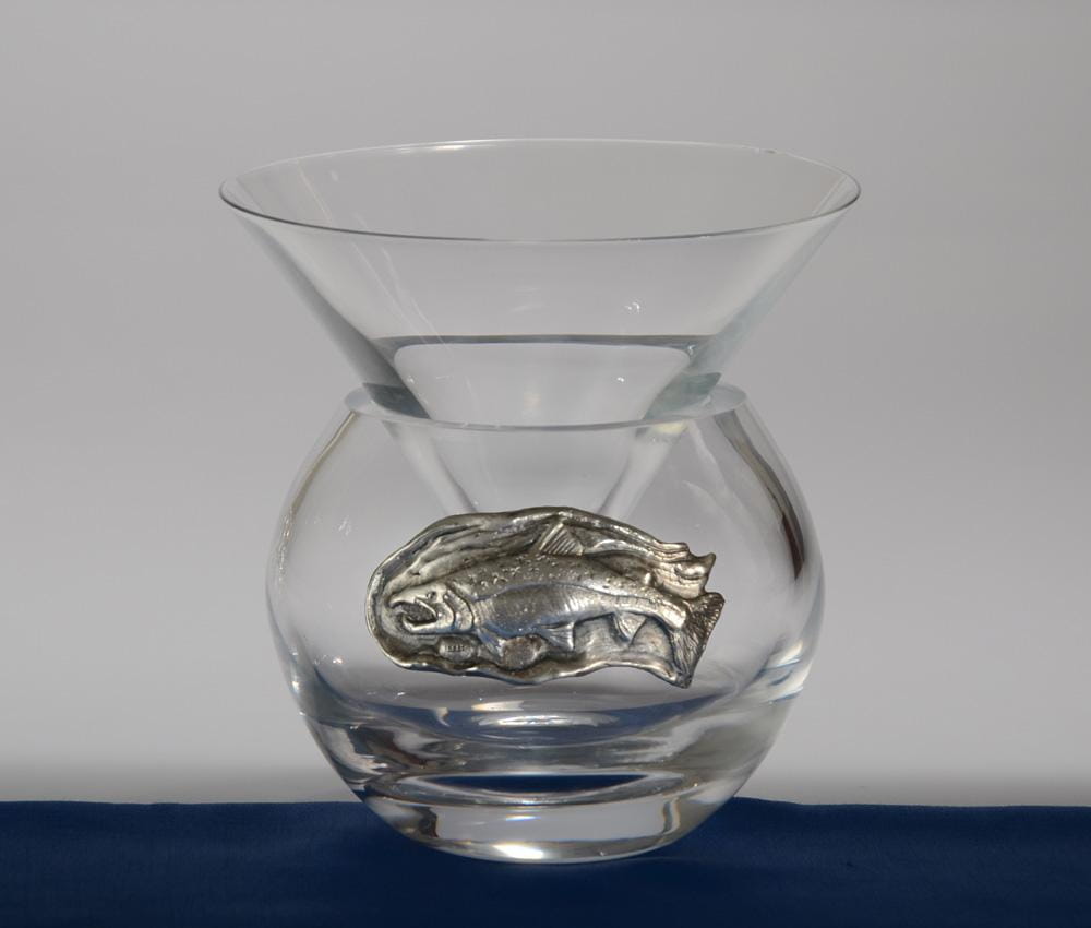 Szklana kawiornica ze srebrzoną  aplikacją łososia